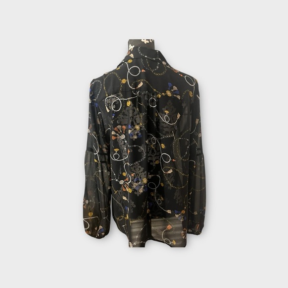 Cabi Womens Victoria Button Up Blouse Size L Sheer Chain Pearl Tassel Print - Picture 4 of 5